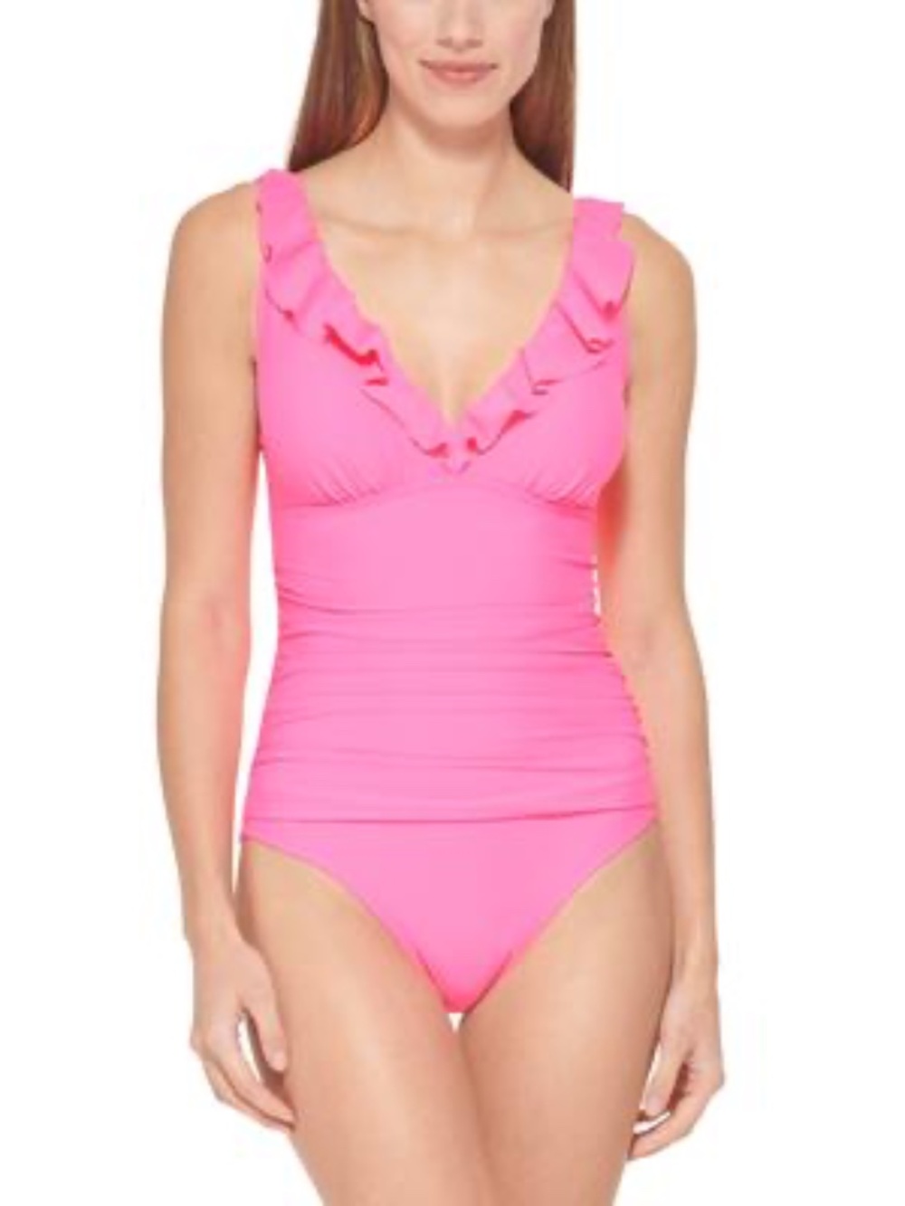 DKNY Women S Ruffle Underwire Tummy Control One-Piece Swimsuit (8 Neon Pink)